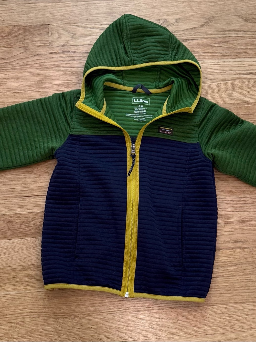 L.L. Bean Green & Navy Hooded Zip Sweatshirt with Yellow Trim